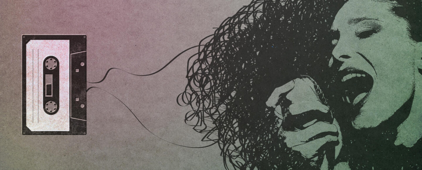 Portrait of a singer made with vintage cassette tape, music and art concept