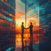 An illustration of two businesspeople shaking hands in front of a large, futuristic office building, symbolizing a successful partnership and collaboration. Keywords: business, partnership, handshake, office, collaboration, success, teamwork.